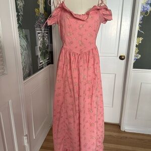 DÔEN Pink Floral Organic Cotton Midi Dress – Romantic Ruffle – Size L